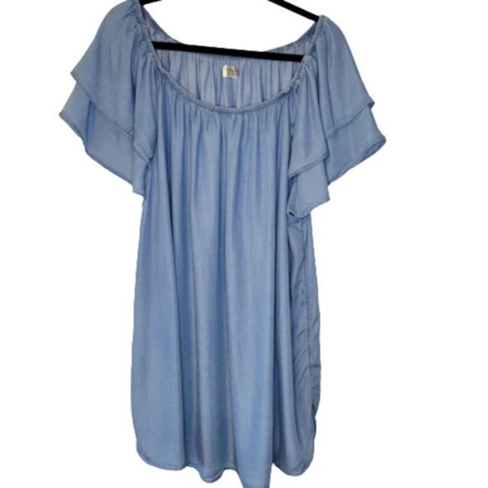 Light Blue Off-Shoulder Flutter Sleeve Blouse 2X